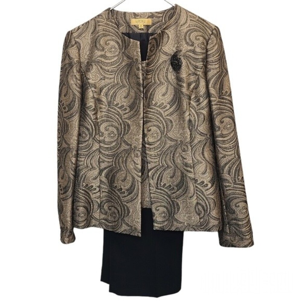 Kasper Metallic Gold Black Blazer Top 3pc Pantsuit Set Womens 10/12